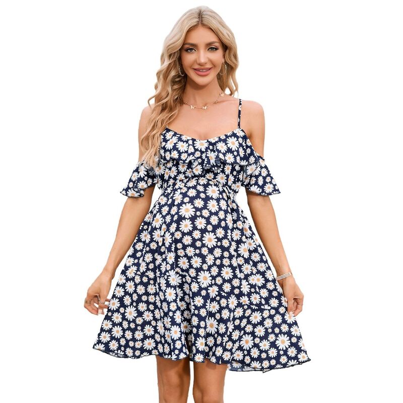 コジョイン レディース トップス ワンピース フラワー柄 フリル マタニティ フラワー Kojooin Womens Off Shoulder Maternity Dress Casual Ruffle Floral Flowy Boho Dress for Photoshoot Navy Blue ネイビー｜ReVida 店