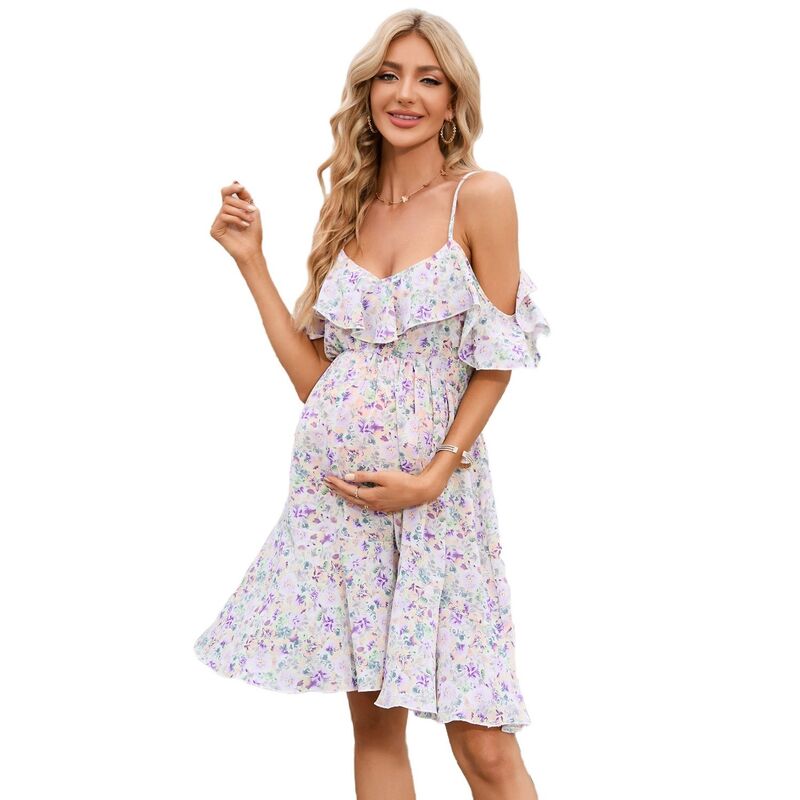 コジョイン レディース トップス ワンピース フラワー柄 フリル マタニティ フラワー Kojooin Womens Off Shoulder Maternity Dress Casual Ruffle Floral Flowy Boho Dress for Photoshoot Purple パープル｜ReVida 店
