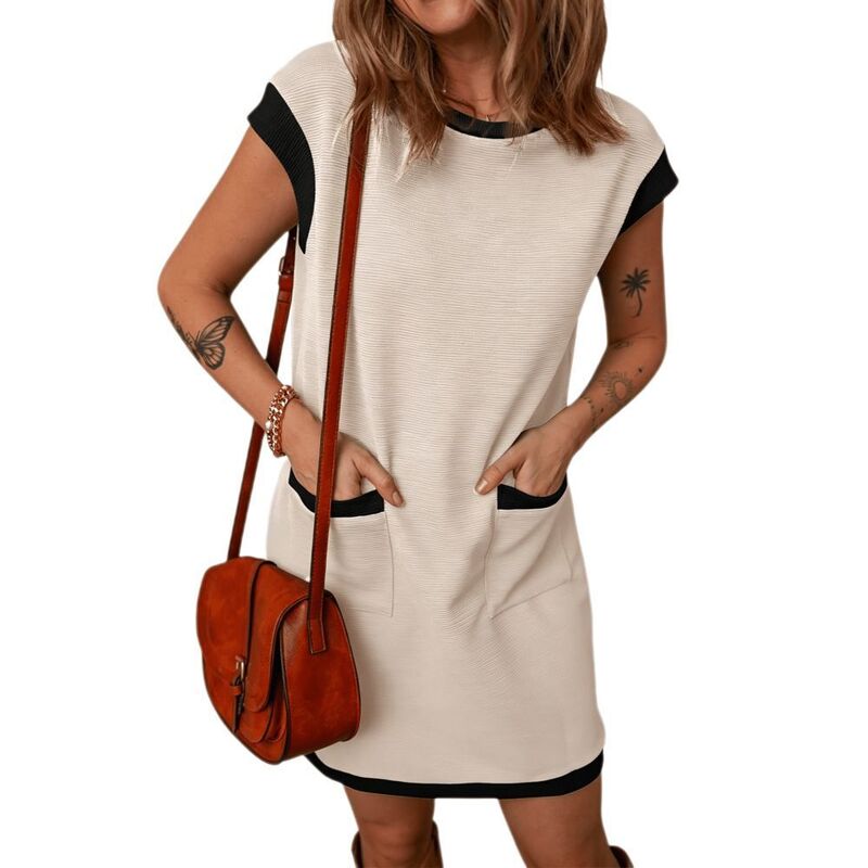 イエスファッション レディース トップス ワンピース クルーネック Yesfashion Women\'short Sleeve Crew Neck Tunic Dress with Pockets for Casual Daily Apricot アプリコット|ReVida 店