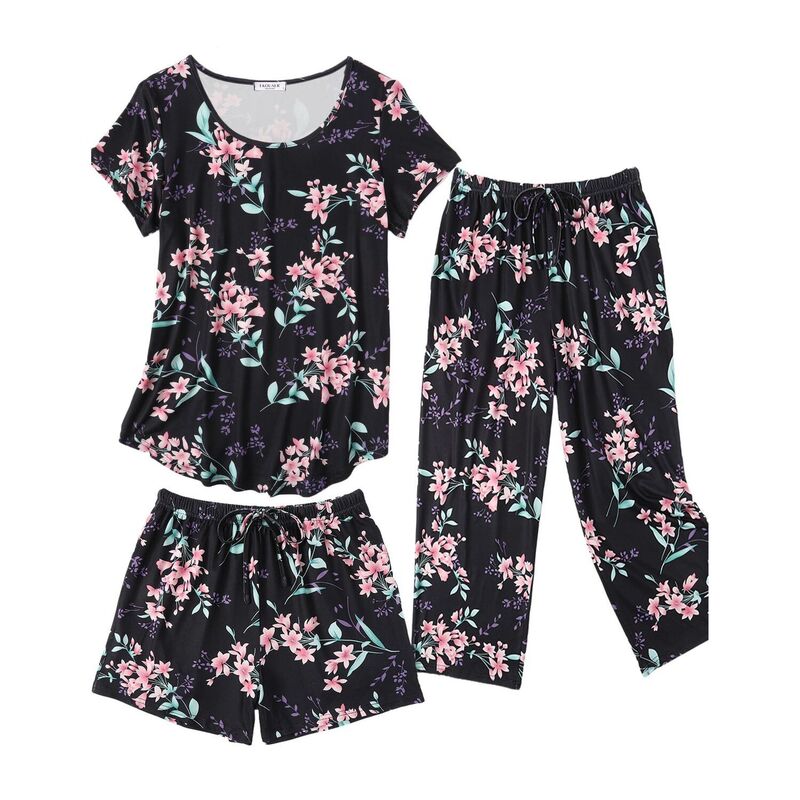 エコアー レディース アンダーウェア ナイトウェア フラワー柄 キャップ フラワー Ekouaer Capri Pajamas for Women Set Short Sleeve Pajama Sets Floral Pj Setsoft Sleepwear Black Flower ブラック｜ReVida 店