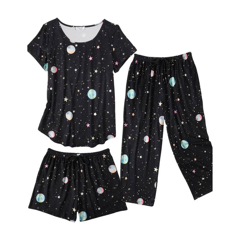 エコアー レディース アンダーウェア ナイトウェア フラワー柄 キャップ フラワー Ekouaer Capri Pajamas for Women Set Short Sleeve Pajama Sets Floral Pj Setsoft Sleepwear Moon Star｜ReVida 店