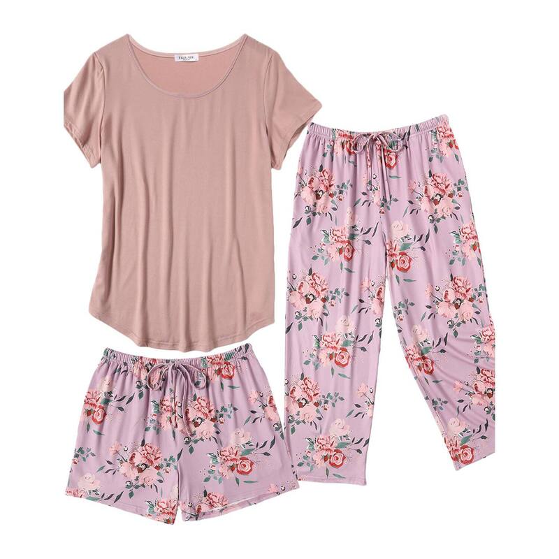 エコアー レディース アンダーウェア ナイトウェア フラワー柄 キャップ フラワー Ekouaer Capri Pajamas for Women Set Short Sleeve Pajama Sets Floral Pj Setsoft Sleepwear Pink Flowers ピンク｜ReVida 店