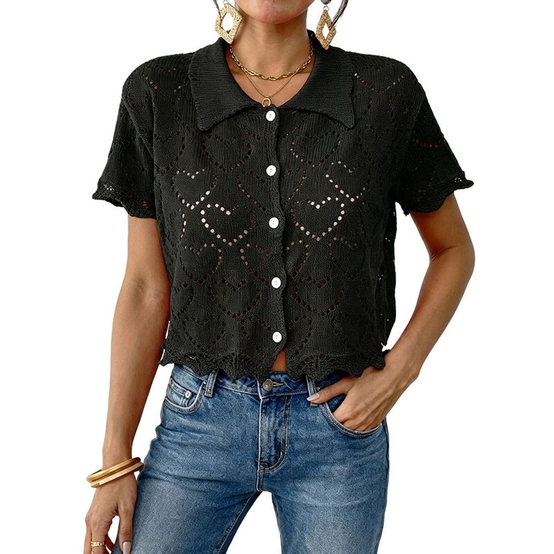 クリアフラワー レディース トップス シャツ ボタンダウン クロップド ブラウス ニット ClearFlower Women's Colla red Short Sleeve Cropped Knitop Hollow Out Eyelet Button Down Casual Summer Blouse Black ブラック|ReVida 店