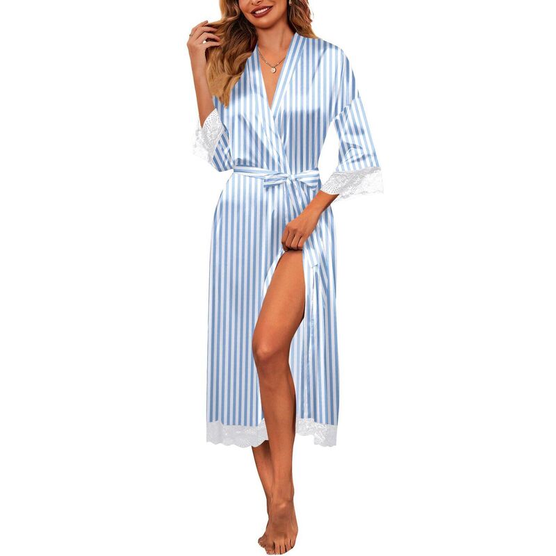エコアー レディース アンダーウェア ナイトウェア レーストリム サテン シルク レース Ekouaer Satin Robes Lace Trim Silk Robe Three Quarter Sleeve Kimono Bathrobe Bridesmaid Blue Striped ブルー｜ReVida 店