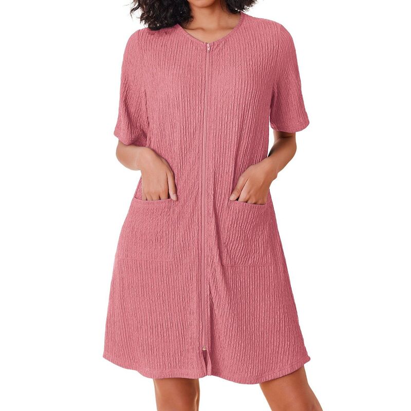 エコアー レディース アンダーウェア ナイトウェア コート ニット Ekouaer Womens Zipperobe Short Sleeves House Dress Knit Short Bathrobe Housecoat Nightgown Coral コーラル｜ReVida 店 9,865円