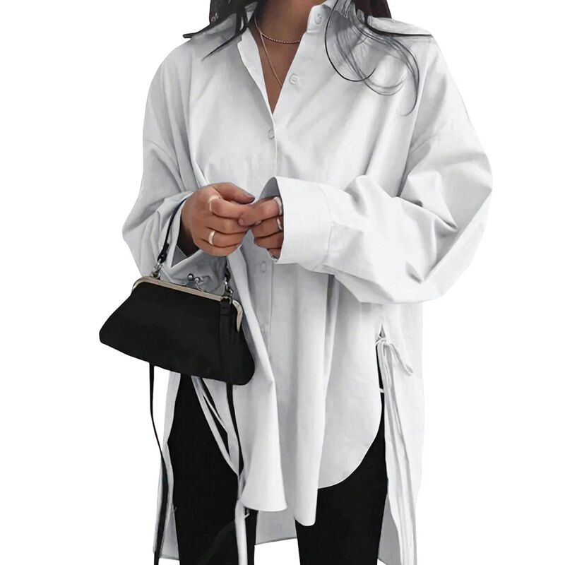コジョイン レディース トップス シャツ タイディテール ボタンダウン ブラウス Kojooin Women's Oversized Long Sleeve Button Down Shirt, Side Splitie Detail Casual Tunic Blouse White ホワイト|ReVida 店