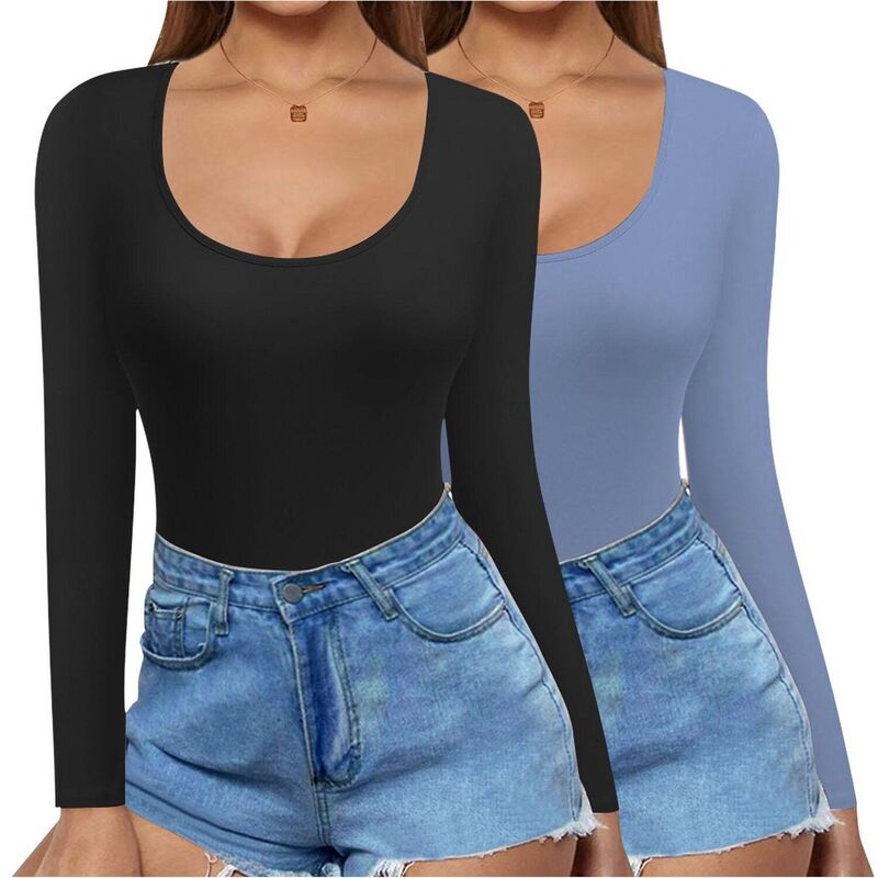 エコアー レディース トップス Tシャツ スリムフィット Ekouaer Two Pack Long Sleeve Shirts for Womenscoop Neck Topslim Fit Undershirts Tee Shirt Black Blue Gray ブラック｜ReVida 店