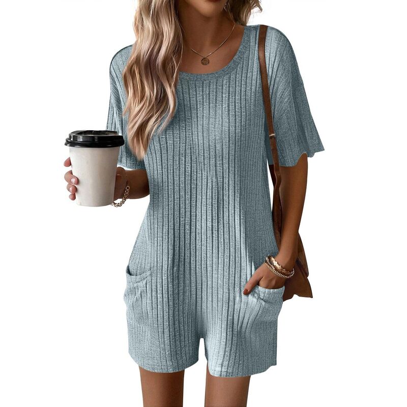 エコアー レディース トップス ワンピース ロンパース リブ Tシャツ Ekouaerompers for Women Casual Ribbed Short Sleeve T-Shirtee Romper Summer Outfits with Pockets Blue ブルー|ReVida 店