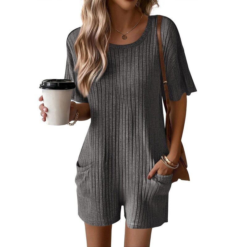 エコアー レディース トップス ワンピース ロンパース リブ Tシャツ Ekouaerompers for Women Casual Ribbed Short Sleeve T-Shirtee Romper Summer Outfits with Pockets Dark Grey グレー｜ReVida 店