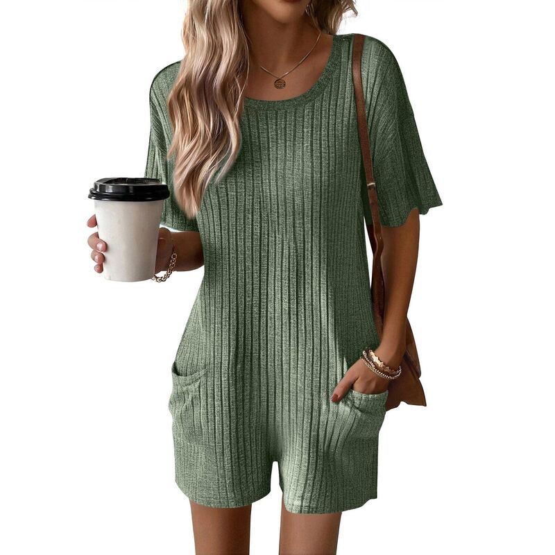エコアー レディース トップス ワンピース ロンパース リブ Tシャツ Ekouaerompers for Women Casual Ribbed Short Sleeve T-Shirtee Romper Summer Outfits with Pockets Green グリーン｜ReVida 店