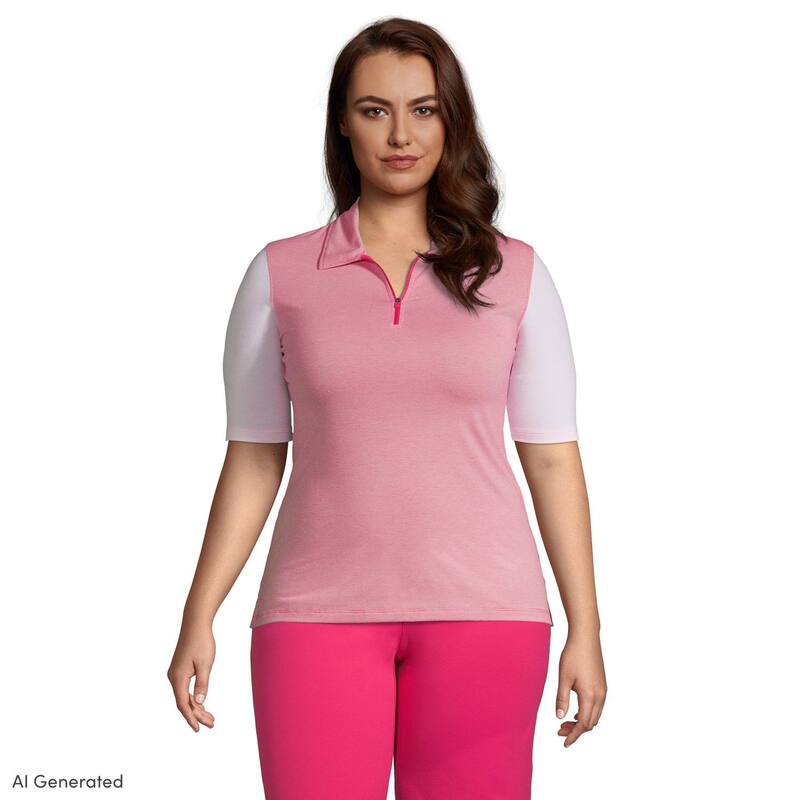 ランズエンド レディース トップス Tシャツ ポロシャツ プラスサイズ Plusize Lands' End Power Performance Quarter-Zipolo Shirt Hot Pink Stripe Mix ピンク|ReVida 店