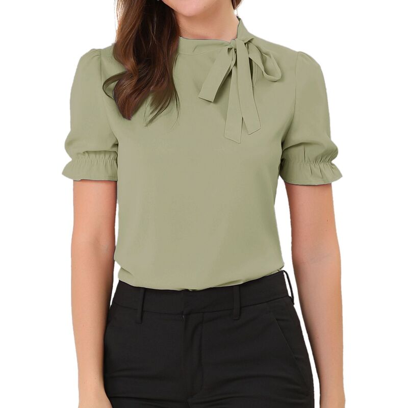 アレグラ ケー レディース トップス シャツ ブラウス ALLEGRA K Women's Bow Tie Neck Elegant Office Short Sleeve Blouse Tea Green グリーン|ReVida 店