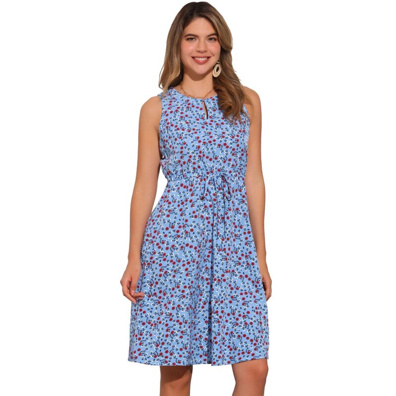 アレグラ ケー レディース トップス ワンピース プリント ノースリーブ ALLEGRA K Women\'split Neck Dots Print Sleeveless Casual Dress Blue Red ブルー｜ReVida 店