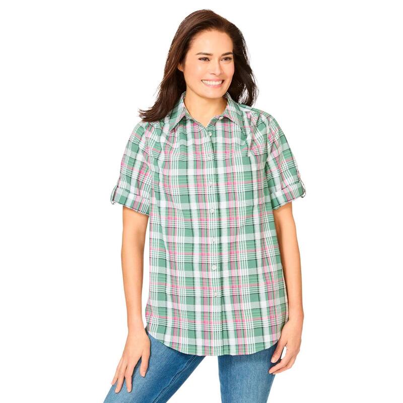 ウーマン ウィズイン レディース トップス シャツ プラスサイズ プチ 半袖 コットン ダウン Woman Within Plusize Petite Short-Sleeve Button-Down Cotton Seersucker Shirt Pine Plaid チェック|ReVida 店