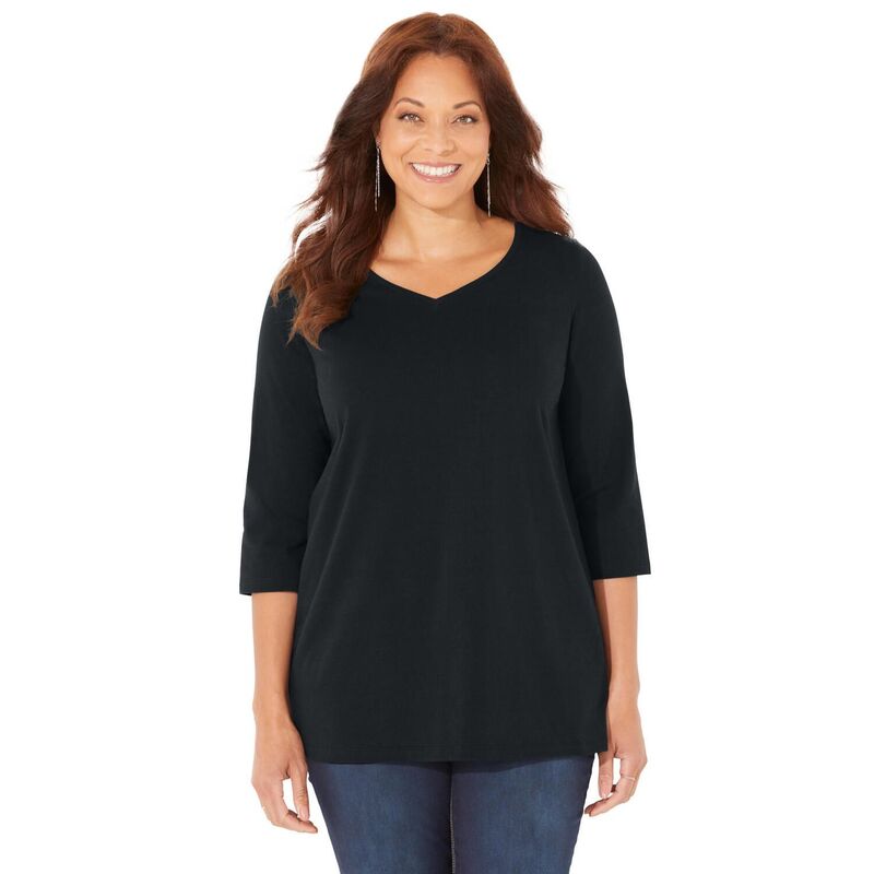 キャサリンズ レディース トップス Tシャツ Vネック プラスサイズ プチ Catherines Women's Plusize Petite Suprema 3/4 Sleeve V-Neck Tee Black ブラック|ReVida 店