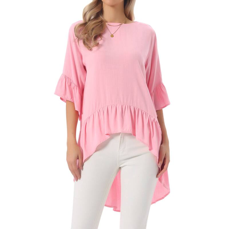 インスパイア シック レディース トップス シャツ フリル裾 アシンメトリー フリル ブラウス INSPIRE CHIC Women's High Low Tops 3/4 Bell Sleeve Round Neckeyhole Back Casual Ruffle Hem Asymmetrical Blouse Pink ピンク|ReVida 店