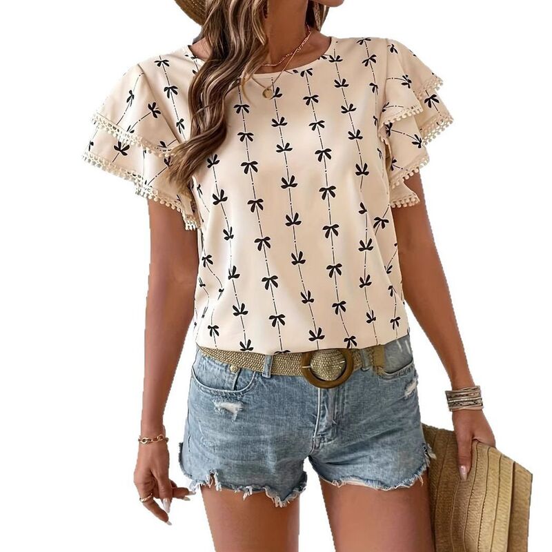 クリアフラワー レディース トップス Tシャツ クルーネック フリル ClearFlower Womens Crewneck Ruffle Double Short Sleeve Pullover Casual Top Shirts Beige ベージュ|ReVida 店