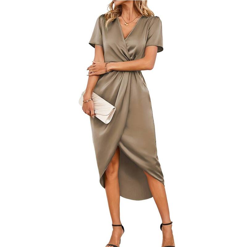 クリアフラワー レディース トップス ワンピース Vネック ギャザー ミディ サテン ClearFlower Women'satin Midi Dresshort Sleeve Deep V-Neck Wrap Front Ruched Waist Cocktail Dress Beige ベージュ|ReVida 店
