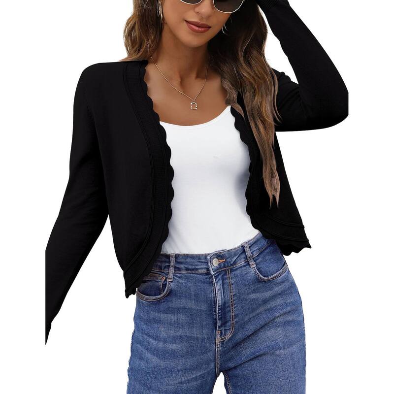コジョイン レディース アウター ニット・セーター カーディガン クロップド Kojooin Women's Cropped Cardigan Sweaters Lightweight Long Sleeve Shrugs Top Black ブラック|ReVida 店