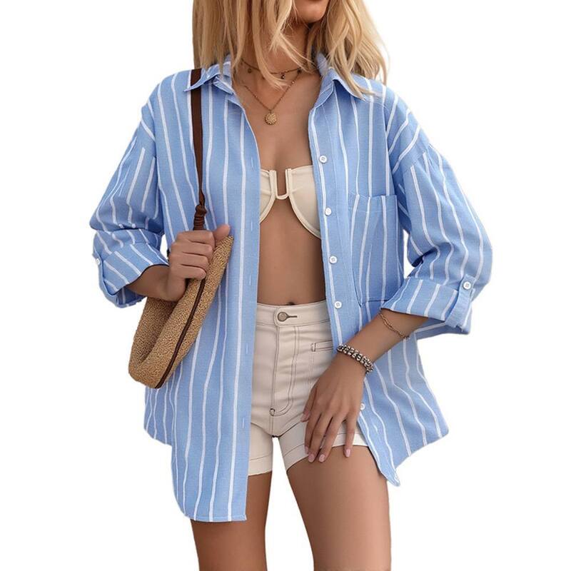 イエスファッション レディース トップス シャツ ボタンダウン ブラウス Yesfashion Womenstriped Button Down Shirt Casualong Sleeve Blouse Top Causal Business Work Blouses Blue Stripe ブルー｜ReVida 店