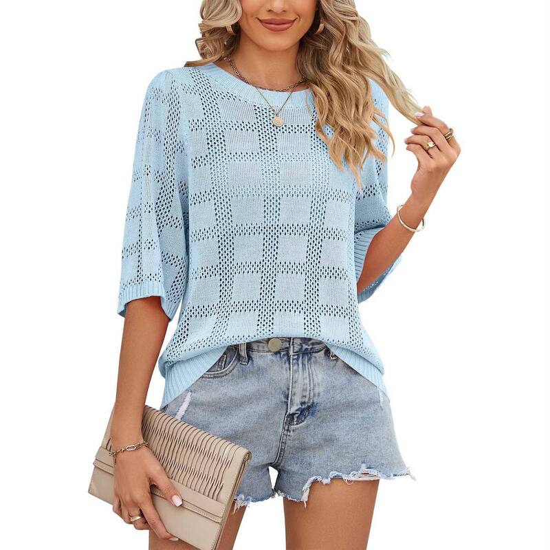 クリアフラワー レディース アウター ニット・セーター メッシュ ClearFlower Women's White Knit Mesh Cover Up, Round Neck Half Sleeve Openwork Sun Protection Sweater Light Blue ブルー|ReVida 店