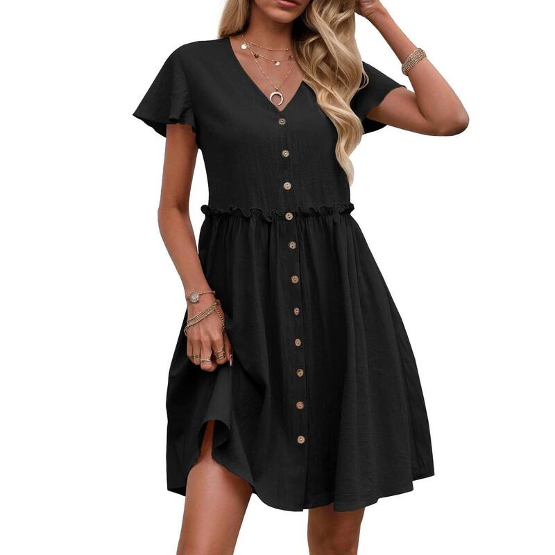 セオリア レディース トップス ワンピース Vネック プリーツ フリル スカート Seoria Pleated Vacation V-neck Short Sleeved Ruffled Women\'skirt Black ブラック｜ReVida 店