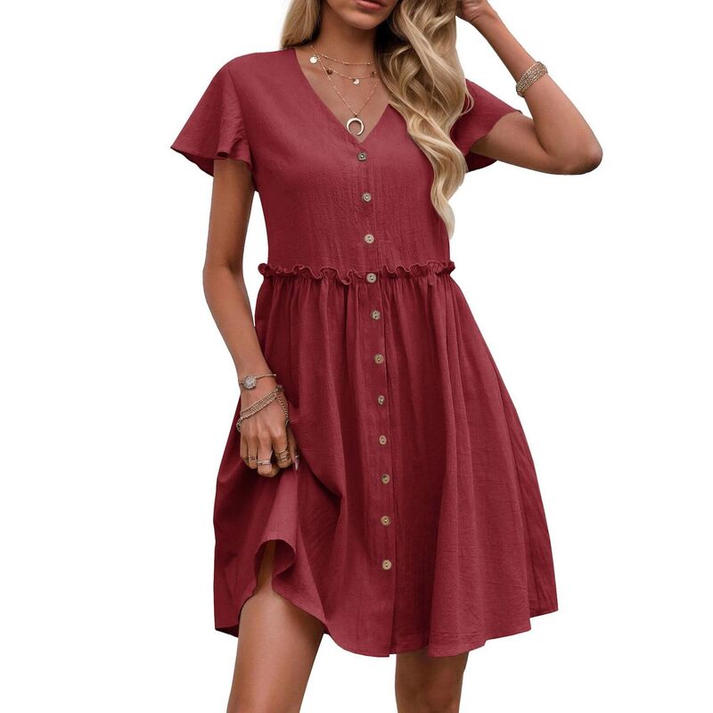 セオリア レディース トップス ワンピース Vネック プリーツ フリル スカート Seoria Pleated Vacation V-neck Short Sleeved Ruffled Women\'skirt Burgundy バーガンディ｜ReVida 店