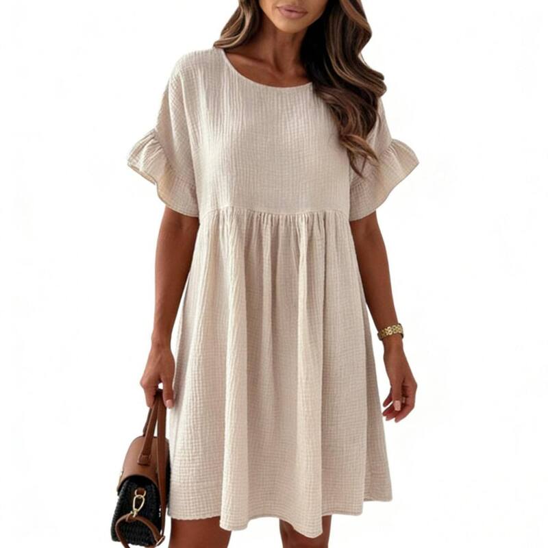 セオリア レディース トップス ワンピース プリーツ Seoria Women Dress Round Neck Short Sleeve Loose Pleated Solid Color Dress for Effortlessummer Apricot アプリコット｜ReVida 店