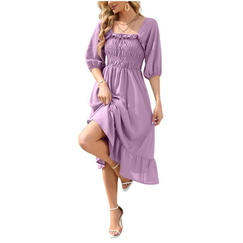 イエスファッション レディース トップス ワンピース フリル裾 背中開き フリル シャーリング マキシ Yesfashion Women\'s Elastic Square Neck Half Sleeve Smocked Ruffle Hemaxi Dress Backless Beach Dress Purple パープル｜ReVida 店
