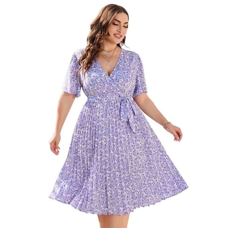 セオリア レディース トップス ワンピース ひざ丈 プラスサイズ プリーツ ミディ Seoria Women\'s Plusize Pleated Midi Dress with Belt Casual Elegant Knee Length Dress for Summer Purple パープル｜ReVida 店
