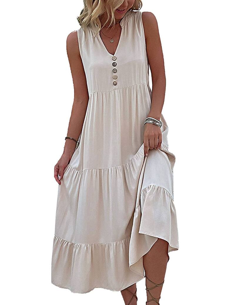 エリートチョイス レディース トップス ワンピース Vネック ミディ ノースリーブ シャーリング Elitechoice Women Dressleeveless V Neck Button Summer Midi Dress Casual Smocked Flowy Dresses Apricot アプリコット｜ReVida 店