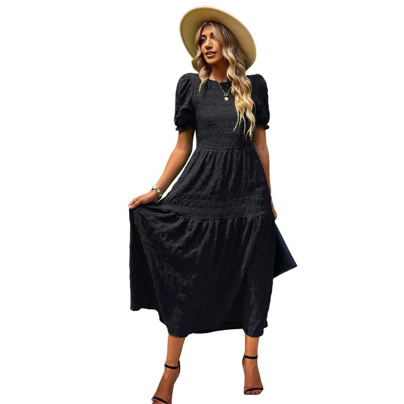 セオリア レディース トップス ワンピース ティアード A ライン ミディ シャーリング Seoria Women\'summer Smockedress Puff Short Sleeve Tie red Swing A Line Beach Midi Sundress Black ブラック｜ReVida 店