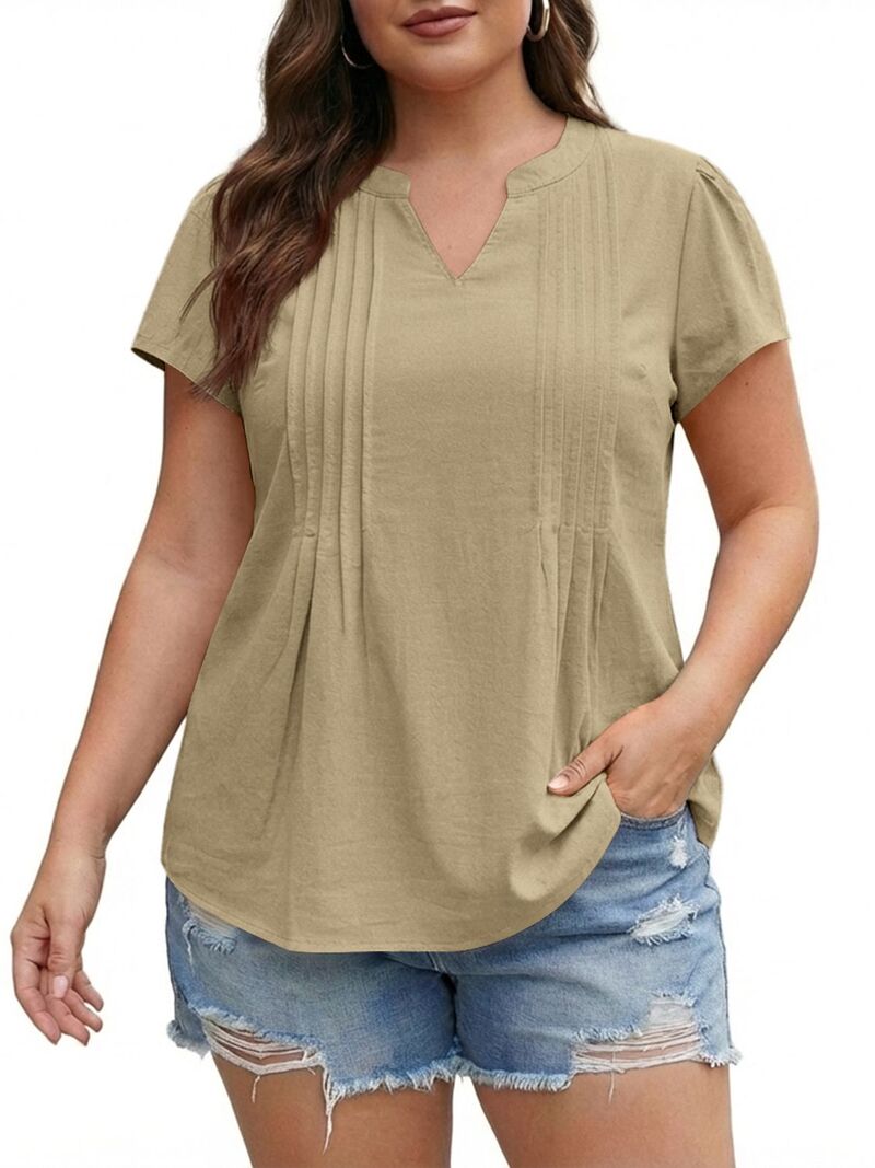 マキシスマーチ レディース トップス Tシャツ Vネック プラスサイズ プリーツ コットン Maxxis Merch Woman Plusize Cotton Shirt Summer V-Neck Top Flutter Sleeve Tee Pleated Gather(Pick One Size Up) Army Green グリーン｜ReVida 店