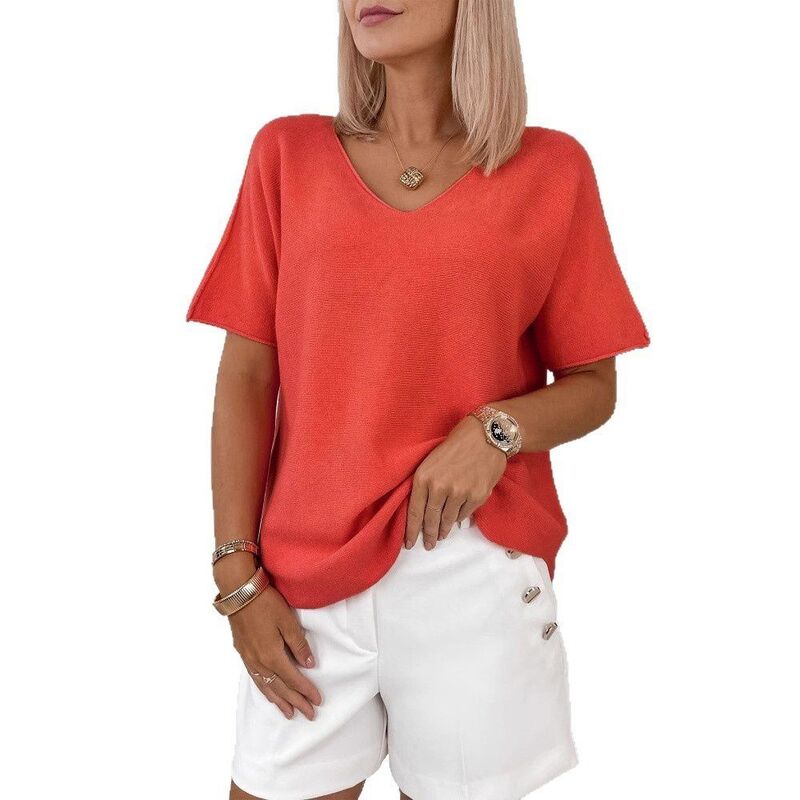 イエスファッション レディース アウター ニット・セーター Vネック シャツ Yesfashion Womenshort Sleeve Sweater V Neck Casual Knit Shirts Lightweight Pullover Top Orange オレンジ|ReVida 店