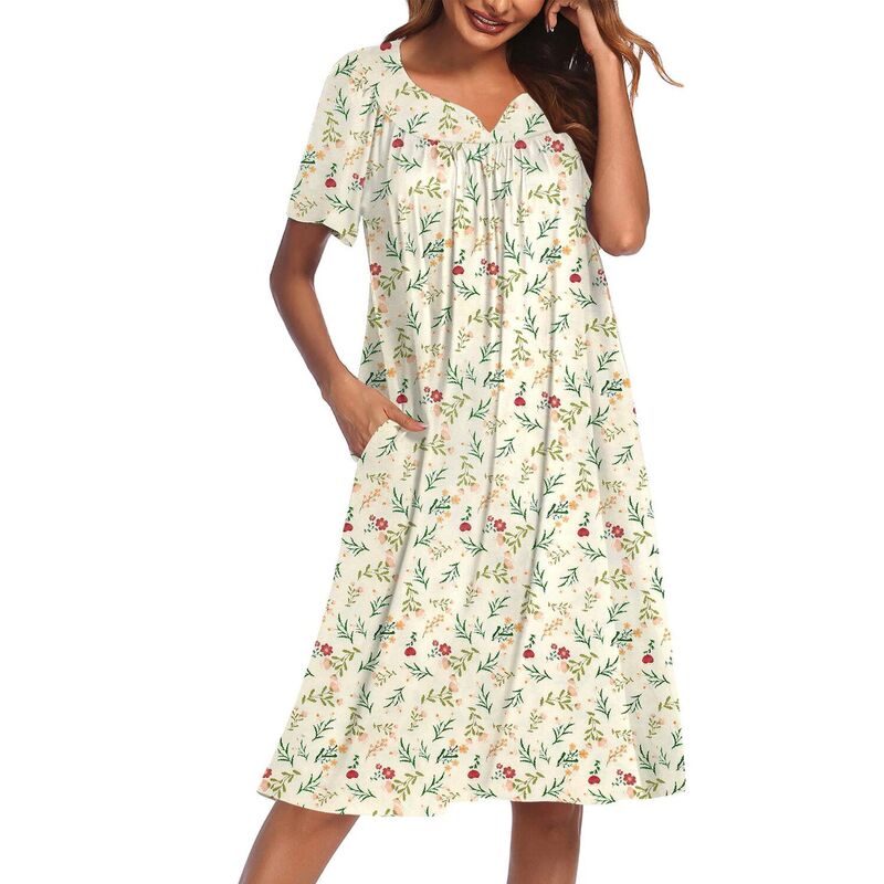 エコアー レディース アンダーウェア ナイトウェア コットン Ekouaer Nightgowns for Women Cottonightgown House Dress with Pocketshort Sleeve Mumu Dress Yellow Floral イエロー｜ReVida 店