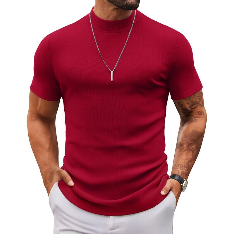 クーファンディ メンズ アウター ニット・セーター スリムフィット タートルネック Tシャツ COOFANDY Mens Mock Turtleneck Sweater Short Sleeve Slim Fiturtle Neck Sweaters Casual Basic Tee Dark Red レッド｜ReVida 店