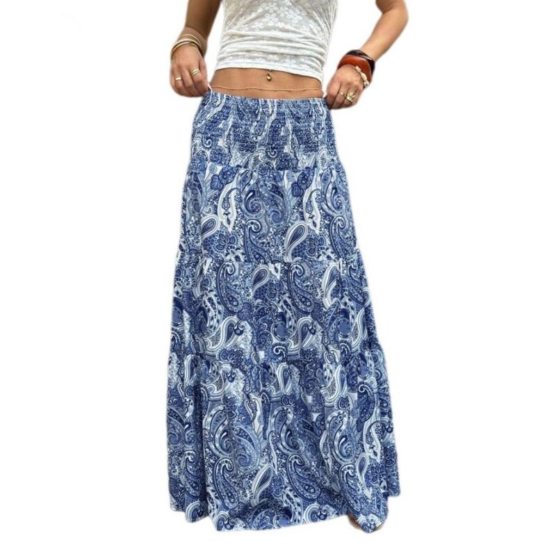 イエスファッション レディース ボトムスカート ティアード A ライン ハイウエスト マキシ Yesfashion Women's Boho Paisley Tie red Maxi Skirt Elastic High Waist Flowy A Line Casualong Skirt Blue Paisley ブルー｜ReVida 店