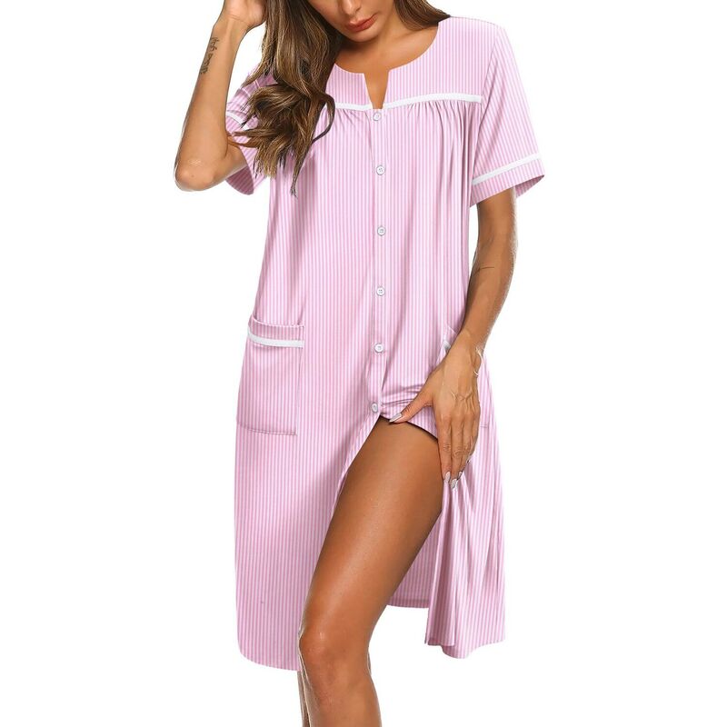 エコアー レディース アンダーウェア ナイトウェア ボタンダウン シャツ ダウン Ekouaer Nightgowns for Women House Dress with Pockets Button Down Sleepshirt Short Sleeve Pink Striped ピンク｜ReVida 店