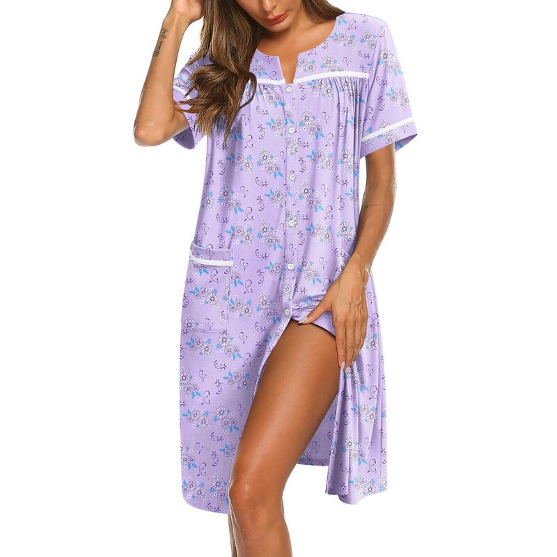 エコアー レディース アンダーウェア ナイトウェア ボタンダウン シャツ ダウン Ekouaer Nightgowns for Women House Dress with Pockets Button Down Sleepshirt Short Sleeve Purple Floral パープル｜ReVida 店