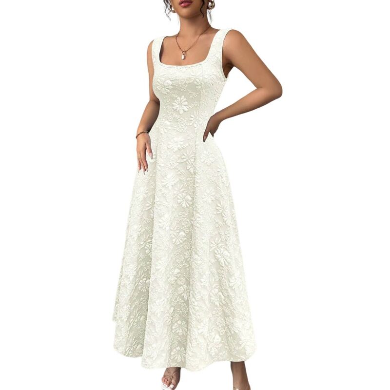 セオリア レディース トップス ワンピース フラワー柄 ノースリーブ マキシ フラワー Seoria Women\'square Neck Sleeveless Floral Embossed Fit & Flare Maxi Dress, Elegant Formal Party Gown Apricot アプリコット｜ReVida 店
