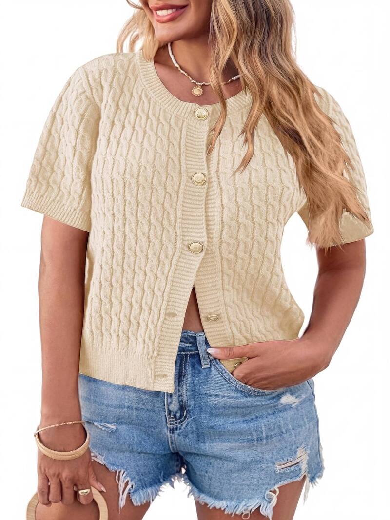 エリートチョイス レディース アウター ニット・セーター プラスサイズ カーディガン Elitechoice Women's Plusize Casual Short Sleeve with Button Front Cardigan Apricot アプリコット|ReVida 店