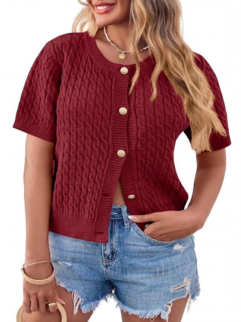 エリートチョイス レディース アウター ニット・セーター プラスサイズ カーディガン Elitechoice Women's Plusize Casual Short Sleeve with Button Front Cardigan Red レッド｜ReVida 店