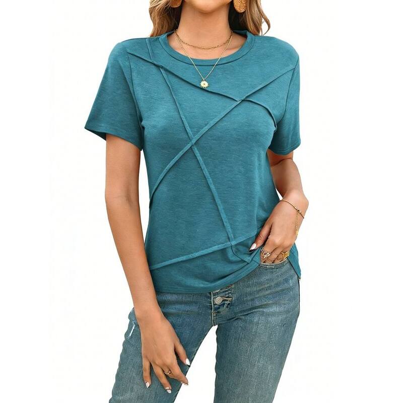 ボディサイズ レディース トップス シャツ クルーネック ブラウス BODDYSIZE Women's Casual Work Office Wear Crew Neck T-Shirt Short Sleeve Solid Crisscross Front Blouse Blue ブルー|ReVida 店