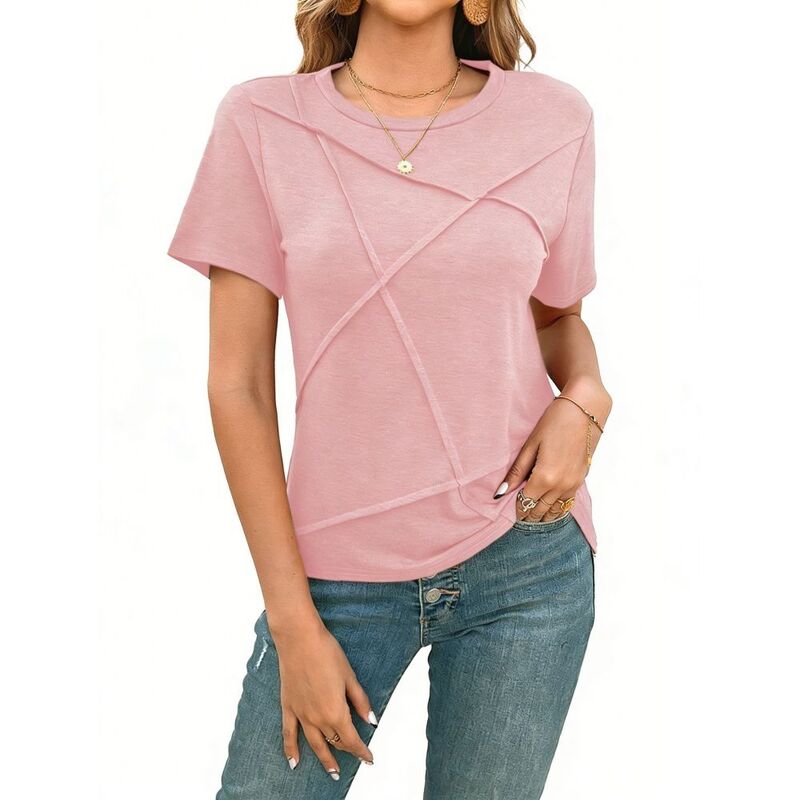 ボディサイズ レディース トップス シャツ クルーネック ブラウス BODDYSIZE Women's Casual Work Office Wear Crew Neck T-Shirt Short Sleeve Solid Crisscross Front Blouse Pink ピンク｜ReVida 店