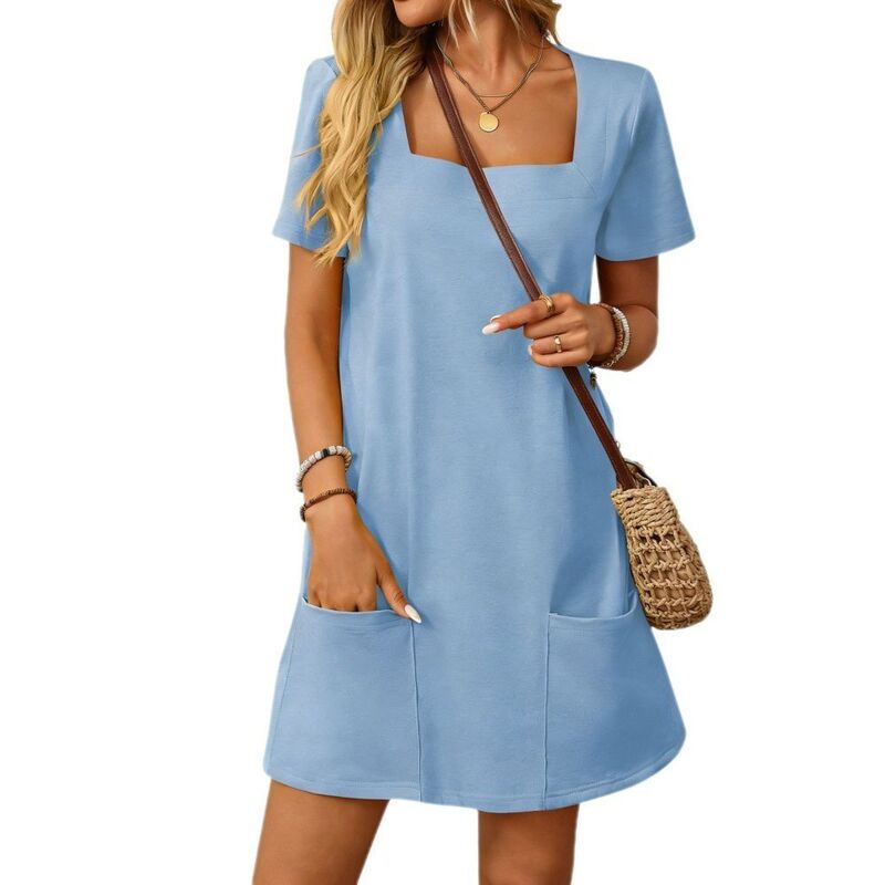 イエスファッション レディース トップス ワンピース ミニ Yesfashion Women'square Neck Short Sleeve Mini Dress Casual Dressy Loose Fit Dress with Front Pockets Light Blue ブルー|ReVida 店