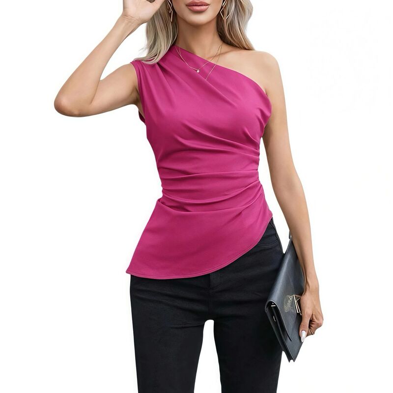 クリアフラワー レディース トップス Tシャツ アシンメトリー ギャザー ノースリーブ ClearFlower Women ’ s Asymmetric One Shoulder Top, Sleeveless graceful Neckline Top with Ruchedetail Rose Red レッド|ReVida 店