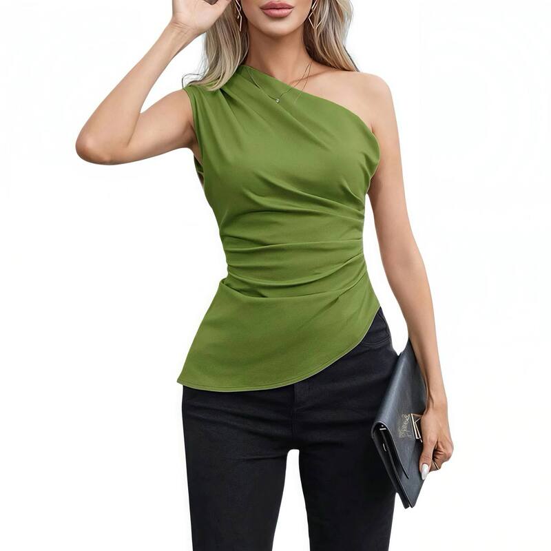 クリアフラワー レディース トップス Tシャツ アシンメトリー ギャザー ノースリーブ ClearFlower Women ’ s Asymmetric One Shoulder Top, Sleeveless graceful Neckline Top with Ruchedetail Yellow Green イエロー|ReVida 店