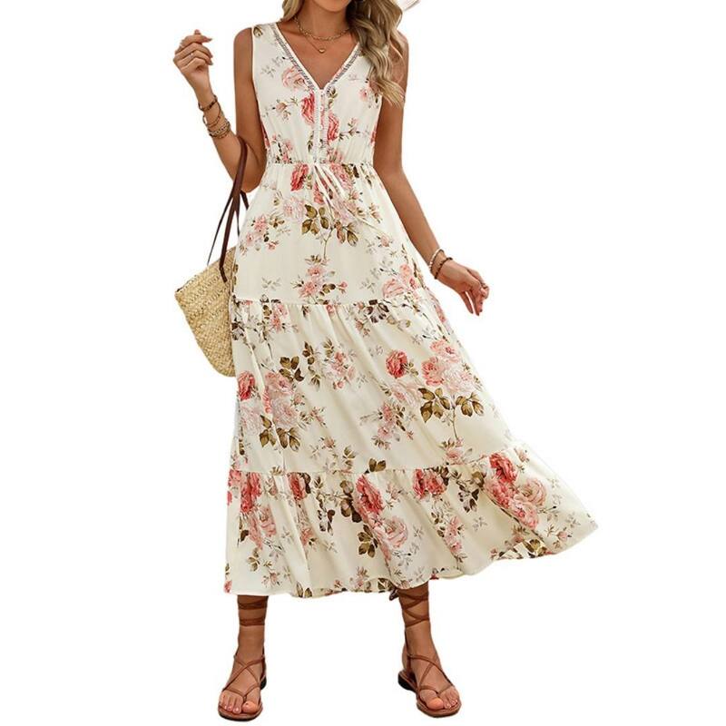 イエスファッション レディース トップス ワンピース Vネック フラワー柄 レース フラワー Yesfashion Women\'summer Floral Dresses V Neck Lace Patch Corset Long Flowy Elegant Dress White ホワイト｜ReVida 店