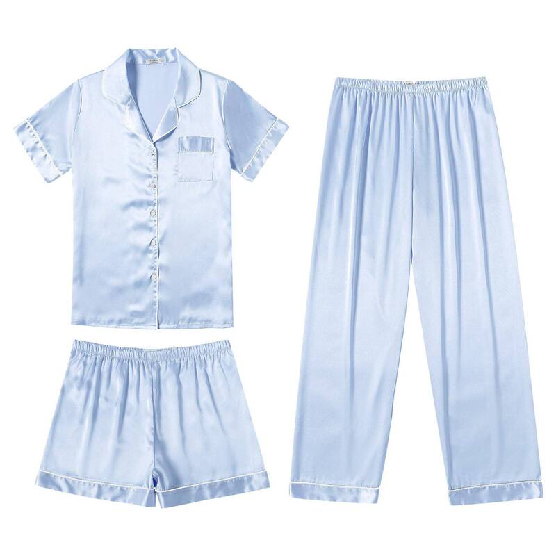 エコアー レディース アンダーウェア ナイトウェア ボタンダウン シルク ダウン Ekouaer Silk 3 Piece Pajamas for Women Set Pjsoft Short Sleeve Button Down Sleepwear Clear Blue ブルー｜ReVida 店