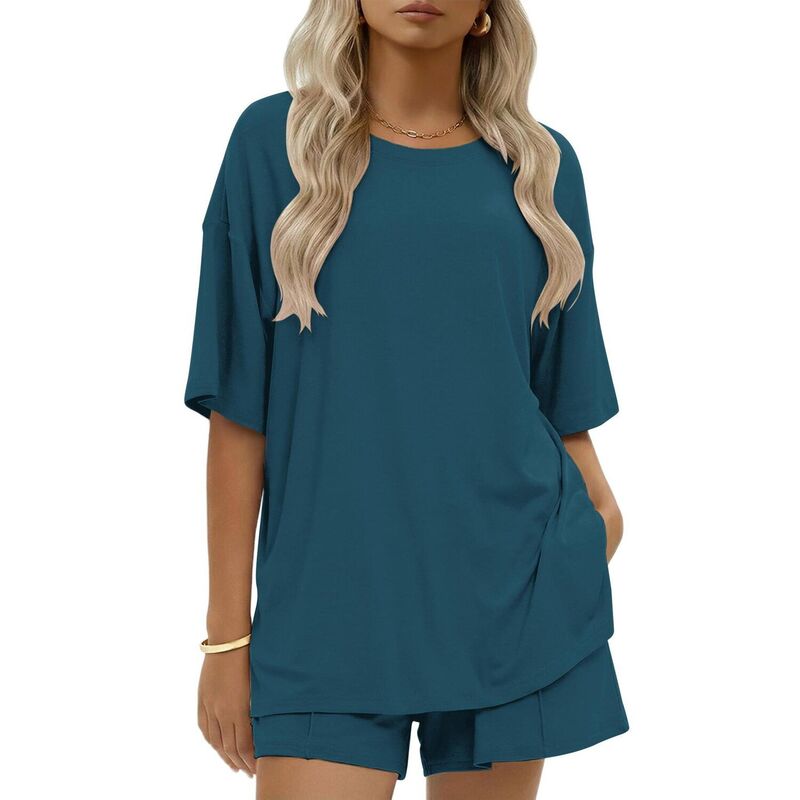 エコアー レディース アンダーウェア ナイトウェア コットン Ekouaer Womens Cotton Two Pieceshort Setsummer Short Sleeve Outfits Casual Matching Lounge Set Blue Green ブルー｜ReVida 店